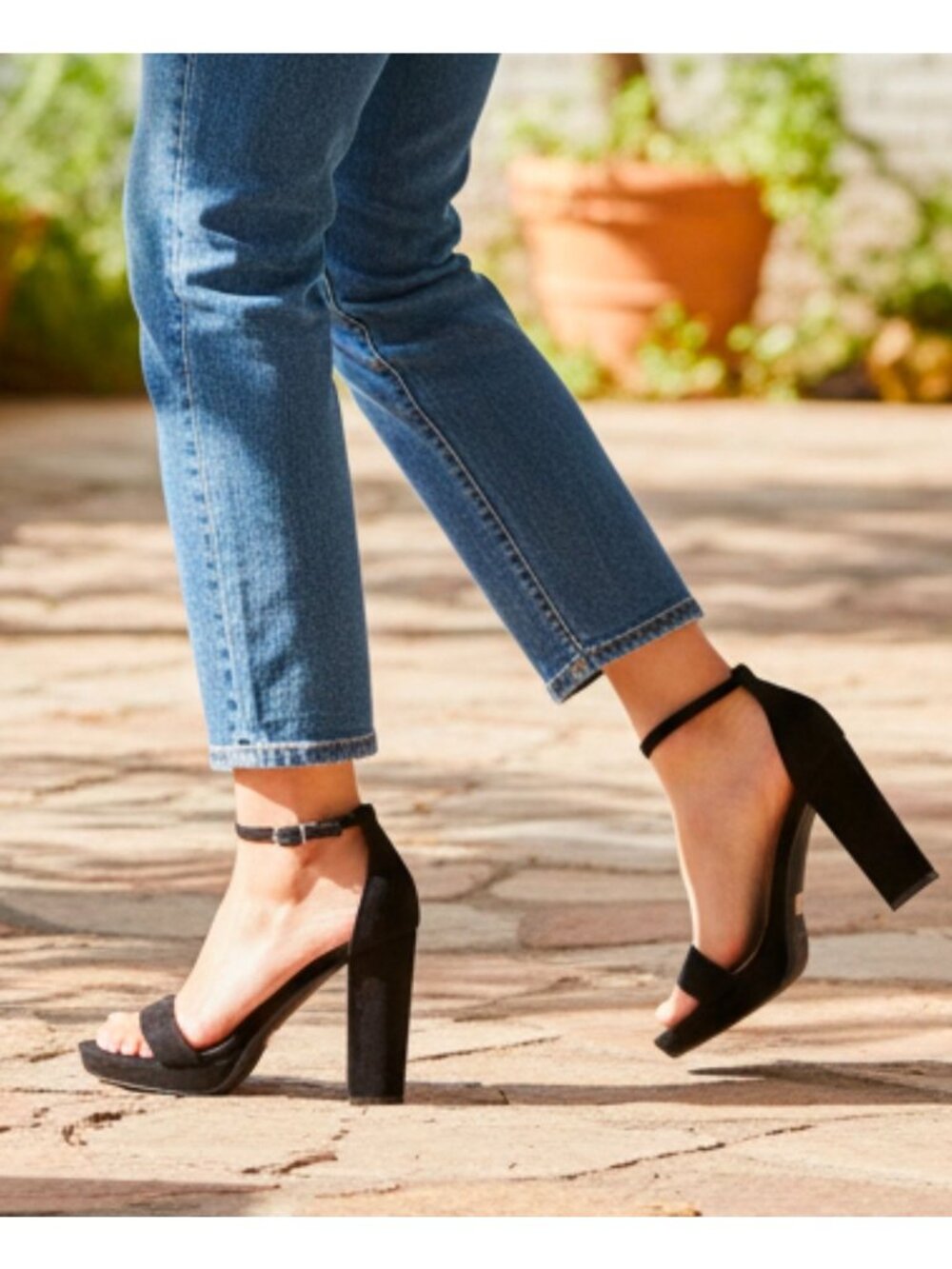 Black Block Heel Ankle Strap Sandals With Faux Suede Finish Open Toe Design And